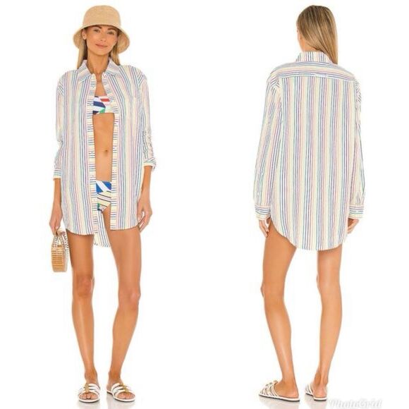 Revolve Solid & Striped The Oxford Tunic Rainbow Pinstripe Size XS - Picture 2 of 7